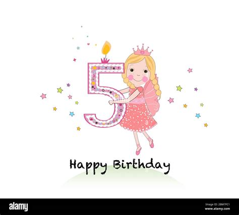 Happy Fifth Birthday Candle Girl Greeting Card With Cute Fairy Tale