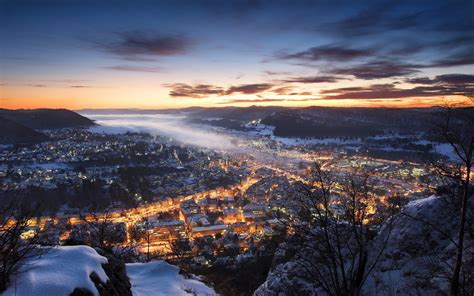 Nature Landscape Mist Cityscape Sunset Winter Hill Germany Snow