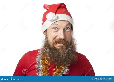 Happy Funny Santa Claus With Real Beard And Red Hat And Shirt Making
