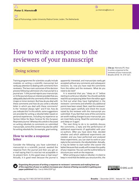 Pdf How To Write A Response To The Reviewers Of Your Manuscript
