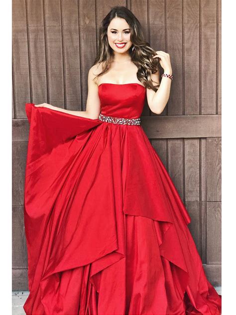 Red Prom Dresses Strapless Aline Floor Length Rhinestone Taffeta Prom