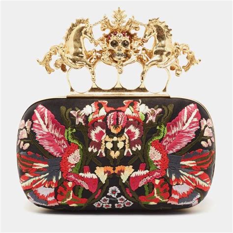 Alexander Mcqueen Black Satin Floral Embroidered Skull And Unicorn