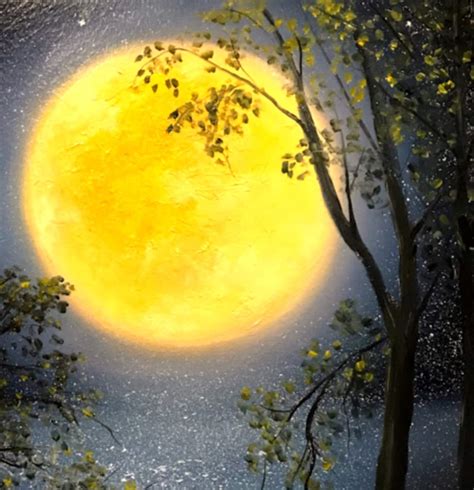 Big Yellow Moon Oil Painting Night Scenery Lake Original Art Etsy