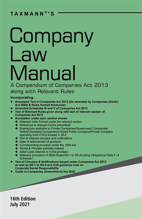 Taxmanns Company Law Manual Compendium Of Annotated Amended And Updated