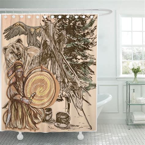 Shaman Native Man Drum Drummer Sitting In The Forest Shower Curtain Waterproof Polyester Fabric