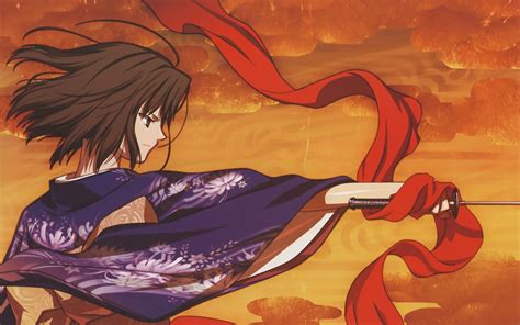 Wallpaper Illustration Anime Brunette Sword Scarf Kimono Comics