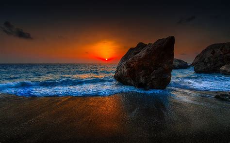 Sunset Clouds Beach Stones Red 1080p Sea Sky Dusk Hd Wallpaper