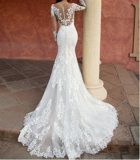 Gorgeous White Mermaid Wedding Dress Long Sleeves Lace Appliques Scoop Neck Court Train Illusion
