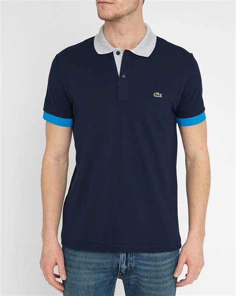 Lacoste Navy Pr Short Sleeve Polo Shirt With Contrasting Grey Collar In