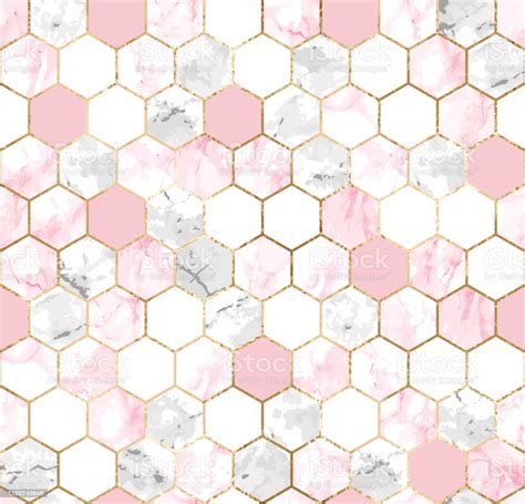 Seamless Abstract Geometric Pattern With Gold Lines Pink And Gray Marble Hexagons Stock