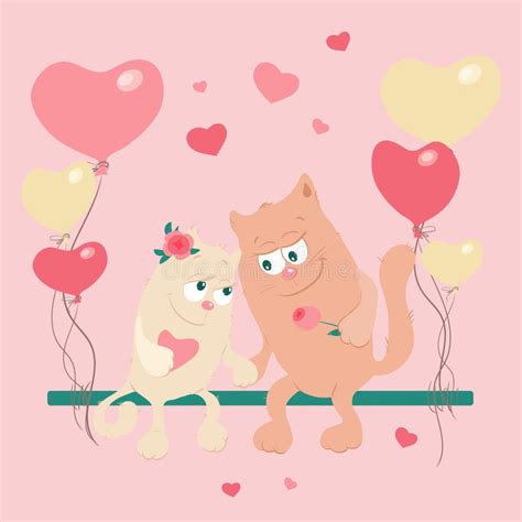 Cute Cartoon Cats In Love On A Swing With Balloons Vector Illustration