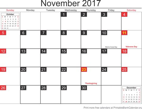 November 2017 Blank Calendar Template Printable Blank