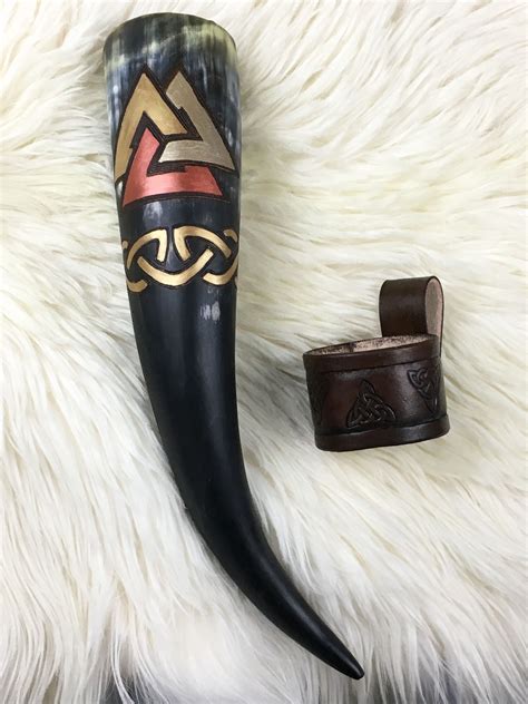 Viking Drinking Horn With Valknut Painted Drinking Horn Viking Horn