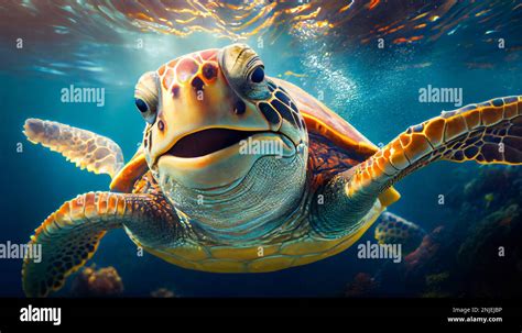 Joyful Smiling Sea Turtle Swimming Underwater Generative Ai Stock