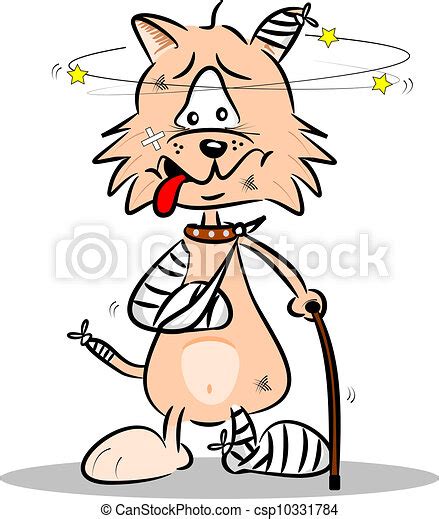 An Injured Cartoon Cat With Bandages Plaster And Walking Stick Canstock