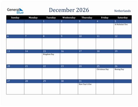December 2026 Netherlands Holiday Calendar