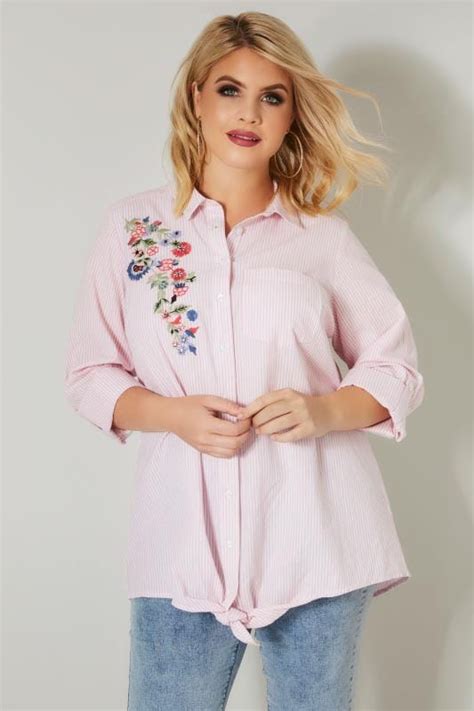 Pink And White Pinstripe Shirt With Floral Embroidered Patch Plus Size