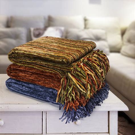 Decorative Chenille Thick Couch Throw Blanket With Fringe Mixed Blue