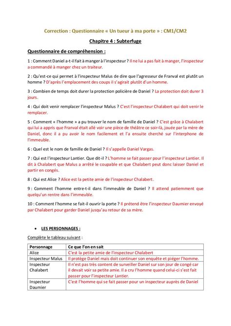 correction Questionnaire un tueur à ma porte chapitre 4 par maxime