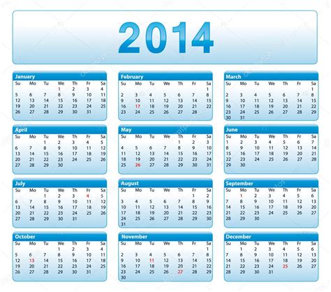 Blue 2014 Calendar American Version With Public Holidays Stock Vector