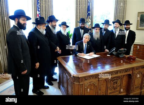 Us President George W Bush C Is Surrounded By Ten Chabad Rabbis As