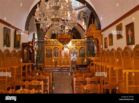 Inside Interior Of The Greek Orthodox Church In Panormo Crete Stock