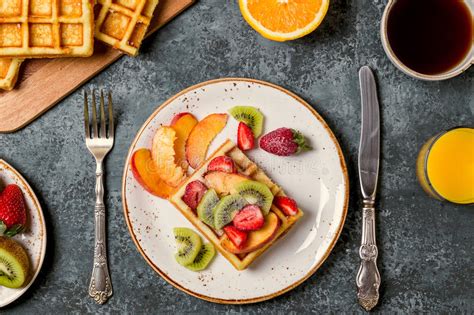 Breakfast Waffles With Fresh Fruit Stock Image Image Of Kiwi Powder
