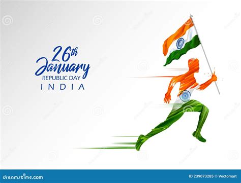 Tricolor Banner Man Running With Indian Flag For 26th January Happy