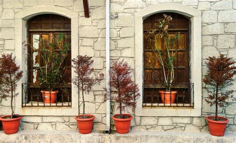 Windows And Flowers With Stone Wall Stock Image Image Of Historical