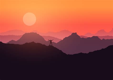 Man stood on mountain landscape at sunset - Download Free Vector Art ...