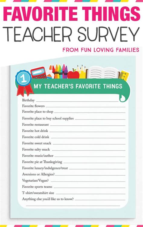Teacher Favorite Things Printable Questionnaire For Teacher Ts