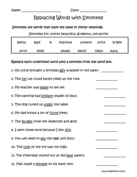 Replacing Words With Synonyms Worksheets Synonym Worksheet Synonyms