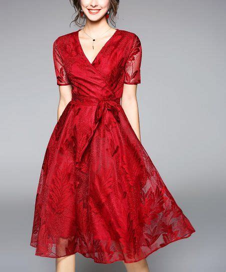 Coeur De Vague Red Palm Lace Overlay Tie Waist Surplice Dress Women