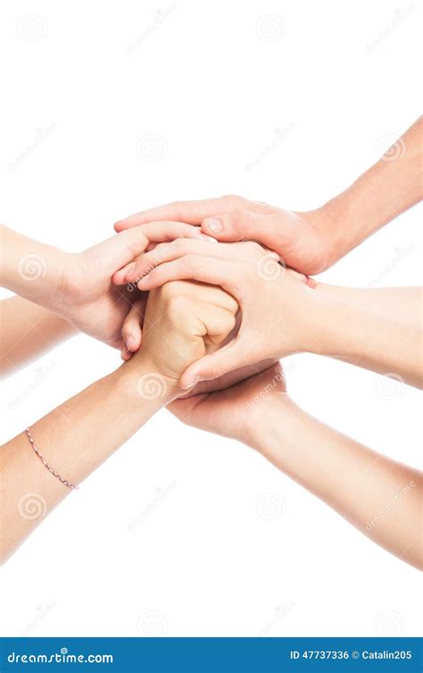 Joined Hands On White Background Stock Photo Image Of Round Together