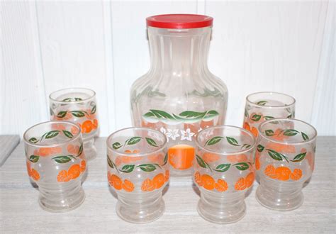 Vintage Anchor Hocking Anchorglass 7 Piece Colorful Juice Set Orange Pitcher And 6 Glasses