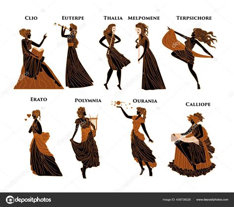 Greek Mythology Muses Clio Euterpe Thalia Melpomene Terpsichore Erato Polymnia Stock Vector