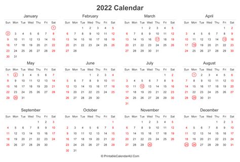 2022 Calendar With Uk Bank Holidays Highlighted Landscape Layout