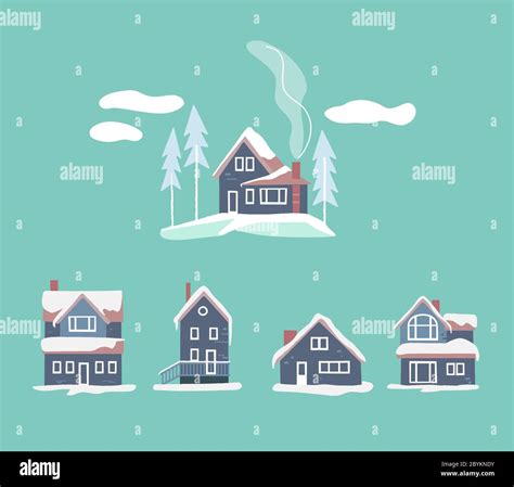 Cozy Winter Houses Set Snowy Vector Landscape Stock Vector Image And Art