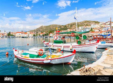 Traditional Colourful Greek Fishing Boats In Pythagorion Port Samos