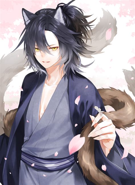 Safebooru 1boy Animal Ears Bangs Black Hair Black Kimono Bug