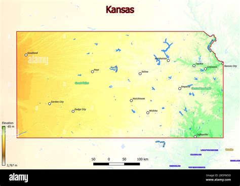 Physical Map Of Kansas Shows Landform Features Such As Mountains Hills