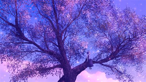 2048x1152 Anime Girl Sitting On Purple Big Tree 4k 2048x1152 Resolution
