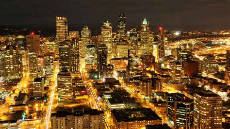 Usa Washington Seattle Night City Skyscrapers Buildings Lights 4k