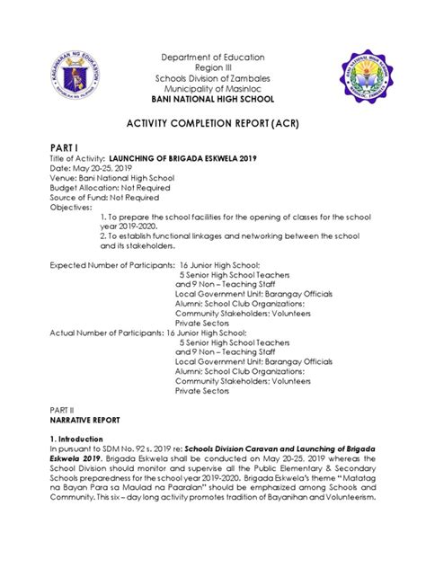 Activity Completion Report Brigada Eskwela 2019 Pdf
