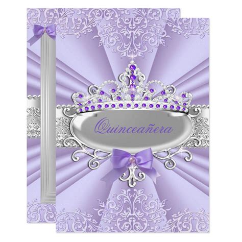 Purple Lavender Tiara Damask Quinceanera Party Invitation