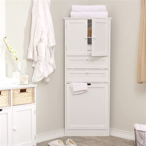 Awesome White Painted Wooden Corner Bathroom Linen Cabinets As Well As