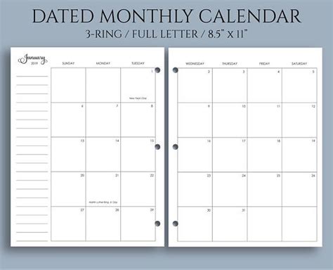Dated Monthly Calendar Planner Inserts Sunday Start Optional Holidays