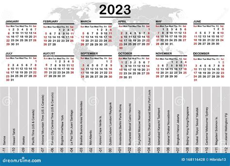 Calendario 2023 Con Mappa Mondiale E Fusi Orari Illustrazione