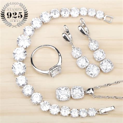Women White Zircon Silver 925 Jewelry Sets Bracelets Pendant Necklace Rings Earrings With Stones