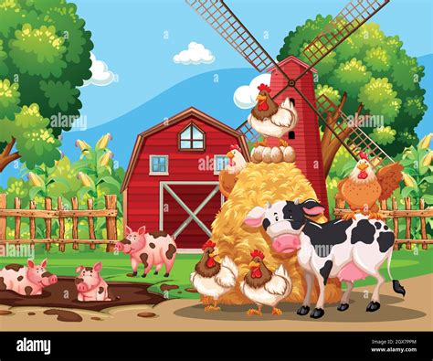 Farm Scene With Animals Stock Vector Image And Art Alamy